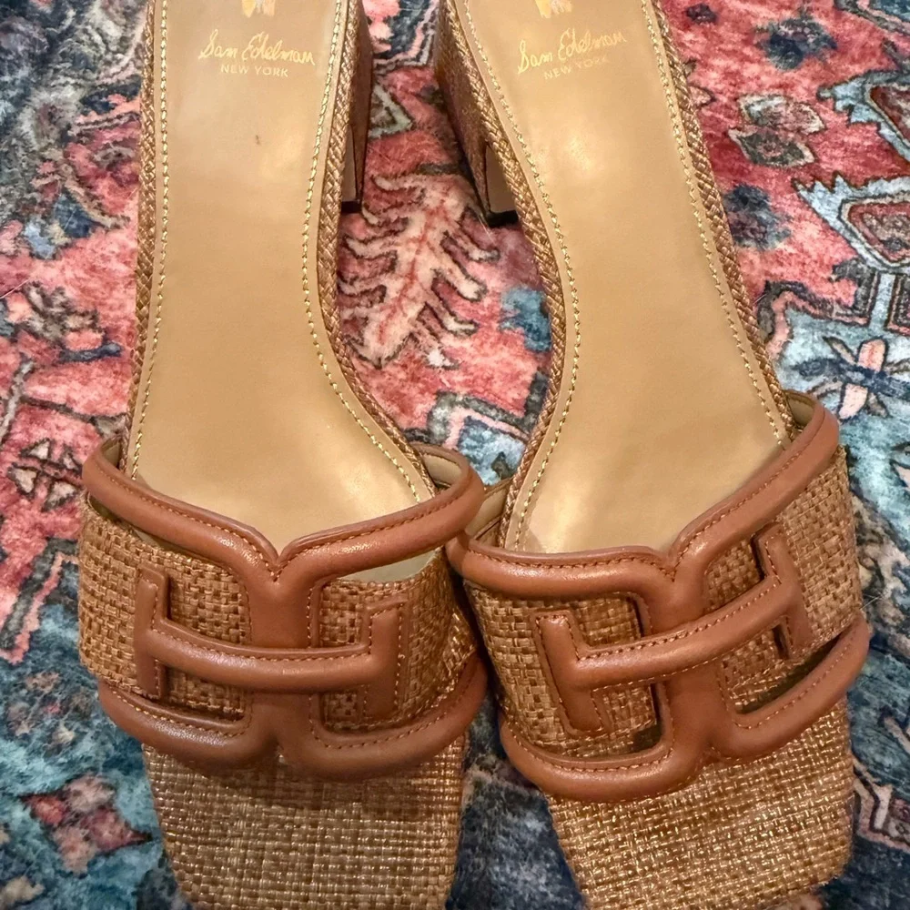 Woven Leather-Trim Block Heel Sandals - Tan - Picture 4 of 8